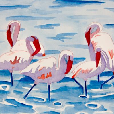 Doris Mierke: Ruhende Flamingos am See